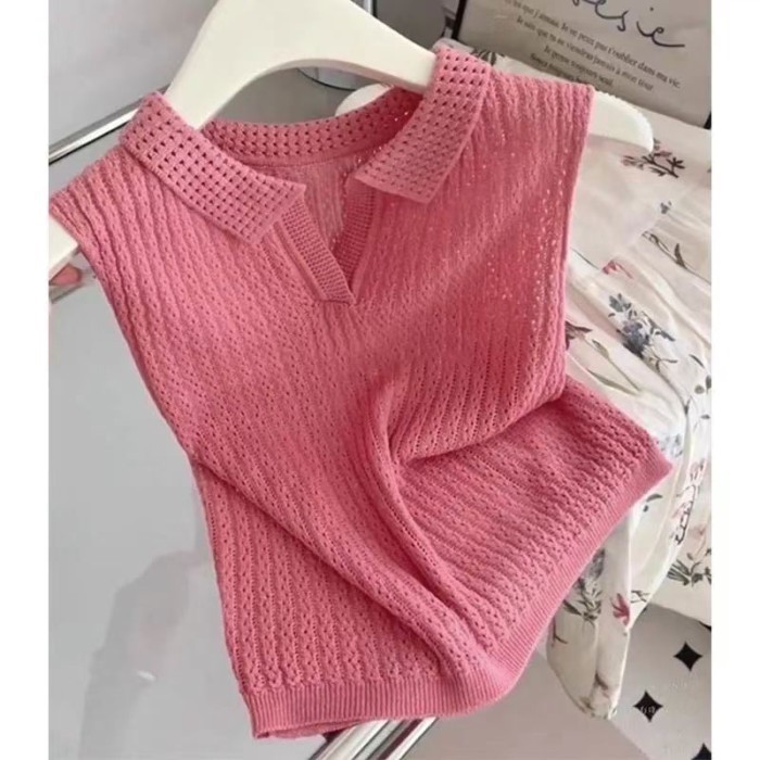 hoa hồng màu hồng cổ polo băng lụa áo vest nữ mùa hè dáng rộng ngắn dệt kim áo thun không tay có