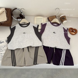 Bộ áo vest không tay mùa hè dành cho trẻ em Bộ cotton màu khối thể thao Quần áo trẻ em Bộ hai mảnh