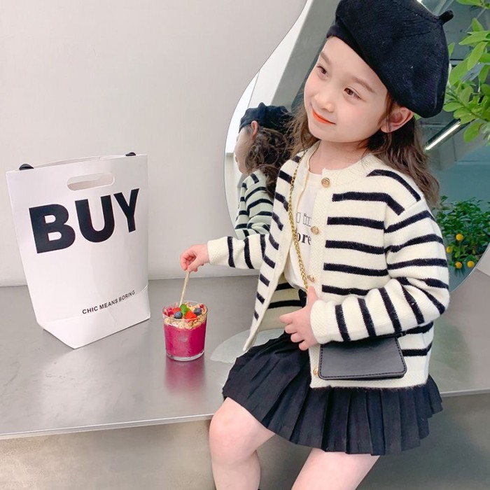 Áo len dệt kim cardigan bé gái Hàn Quốc xuân thu mới phong cách Hàn Quốc áo len sọc dài tay dành