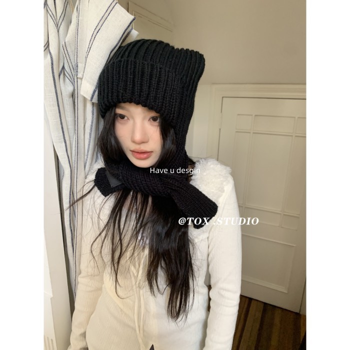 Have u desgin Đơn Giản Màu Trơn Len Dày Dệt Kim Mèo Con Dây Tai Bảo Vệ Tai Mũ Playful Tất Cả Trận Đấu Mũ
