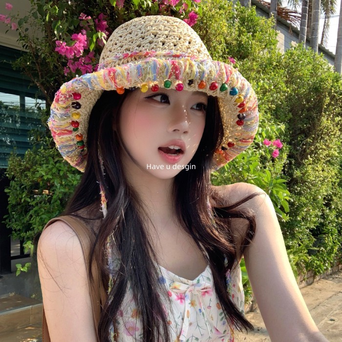 Mũ rơm dệt nhiều màu sắc nữ với vành lớn chống nắng, phù hợp đi biển và kỳ nghỉ