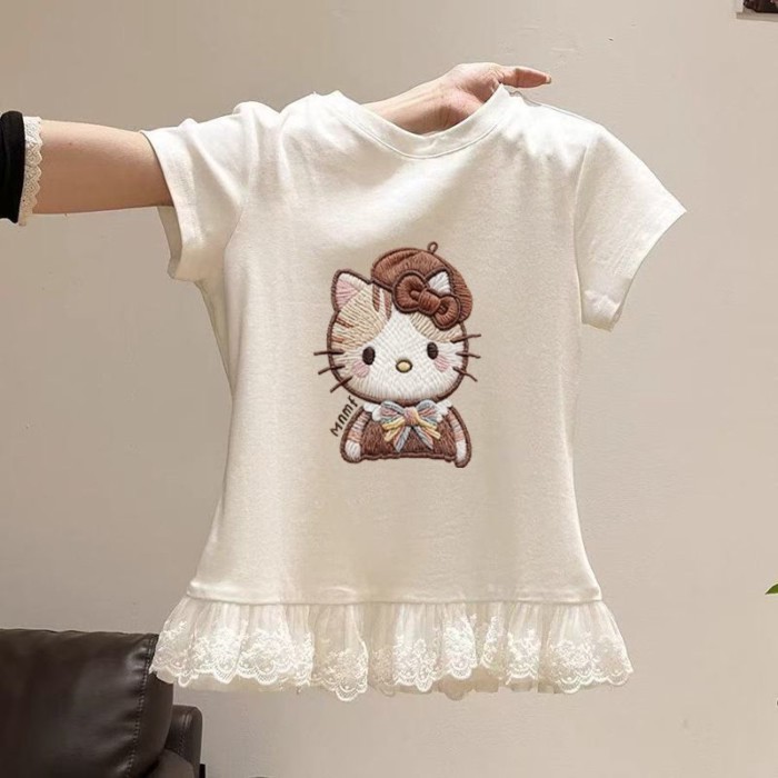 Bé Gái Áo Thun Cotton Mùa Hè Ren Mèo Tay Ngắn Phối Ren Phong Cách Mới Phương Tây In Hình Hoạt Hì