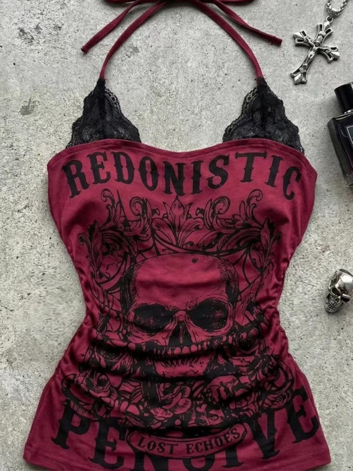 American Retro Skull Print Y2k Hot Girl Female Spring Halter Style Slim Temperament Little Pe