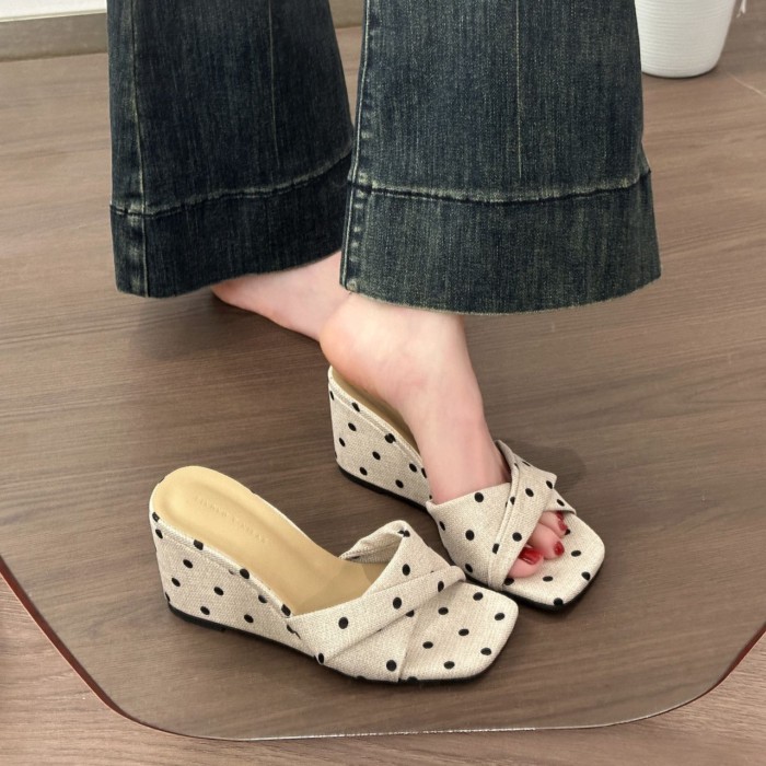 Dép cao gót nêm chấm bi phong cách retro Pháp dành cho nữ, giày mũi vuông cao cấp, hở mũi, dé
