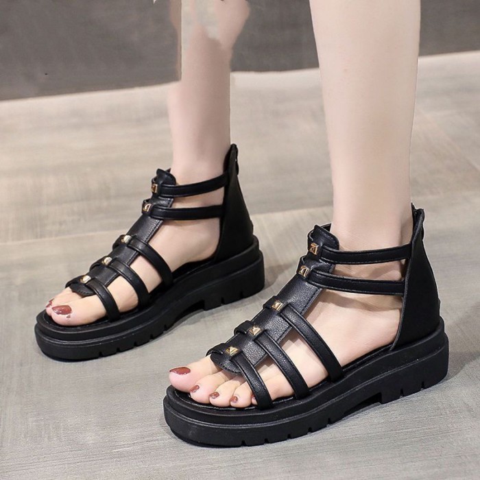 Mùa hè Hàn Quốc mới giày cao gót đế dày đế bánh sandal hở mũi kiểu La Mã thời trang dành cho nữ