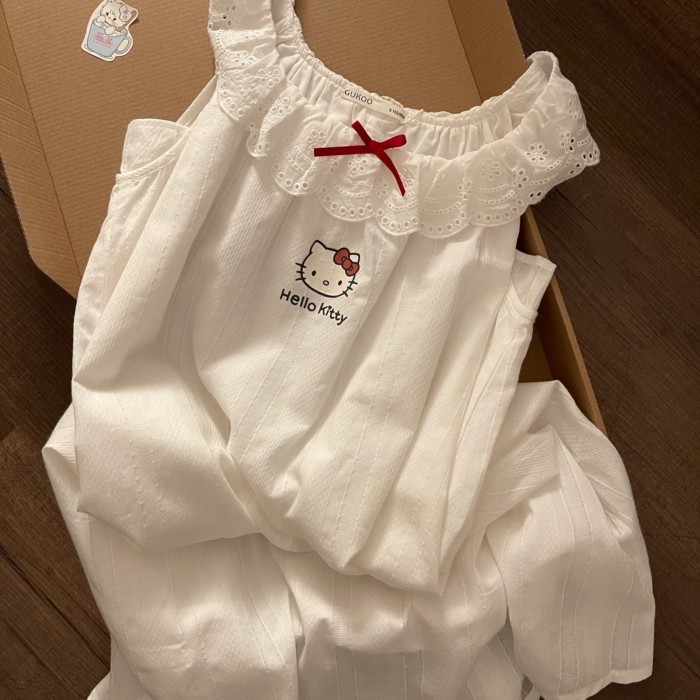 Váy ngủ treo hoạt hình dễ thương phong cách Nhật Bản Hello Kitty dành cho nữ mùa hè mới ren r