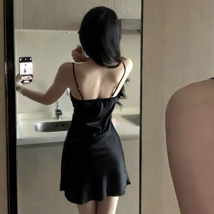 Băng lụa đen trắng ánh trăng Bộ đồ ngủ gợi cảm ren treo quần áo ở nhà mùa hè Váy ngủ cao cấp