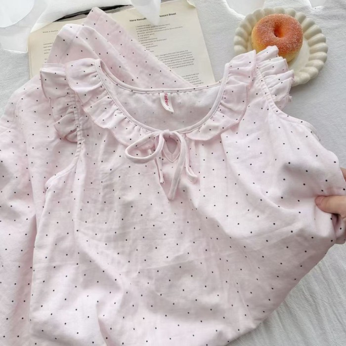 Mùa hè phong cách mới màu hồng Nhật Bản chấm bi nhỏ của cô gái bay tay áo treo áo ngủ đồ ngủ