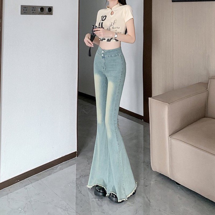 Giặt Nguyên Edge Lớn Loe Quần Jean Nữ Xuân Thu Cao Cấp Quần Ống Rộng Quần Đuôi Cá Quần Dài