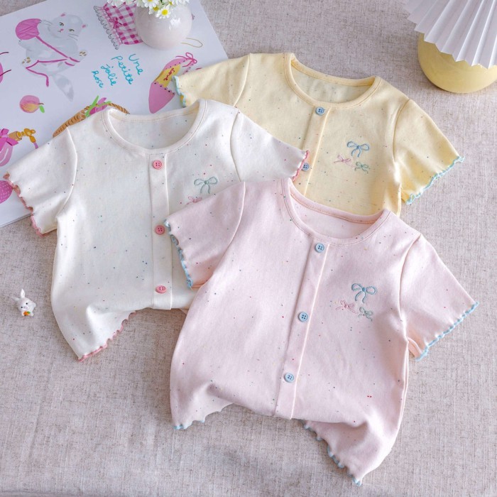 Áo thun ngắn tay đáng yêu cho bé gái, thiết kế nơ màu sắc tương phản, áo cổ tròn mỏng trẻ em