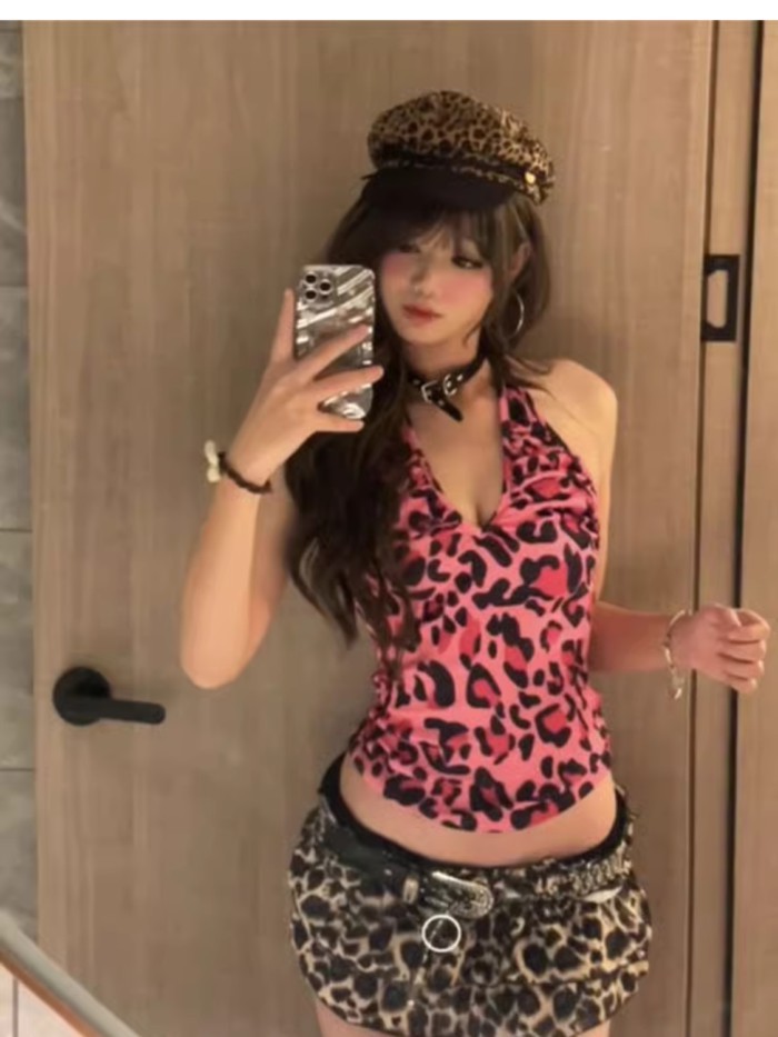 American Hot Girl Leopard Print V-neck Halterneck Camisole For Women Spring And Summer Design