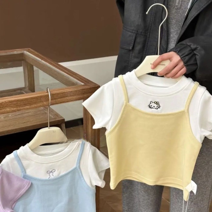Girls Summer New Korean Style Fake Two-Piece Versatile Cotton T-Shirts Fashionable Baby Girls