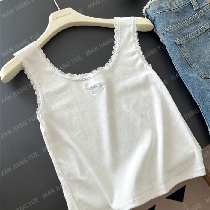 nguyên chất cotton trắng phối ren không tay ôm vừa vặn bên ngoài nơ áo ren treo ngắn