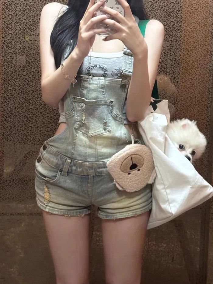 Quần short có dây đeo denim phong cách retro của Mỹ thiết kế dành cho nữ quần một mảnh rách