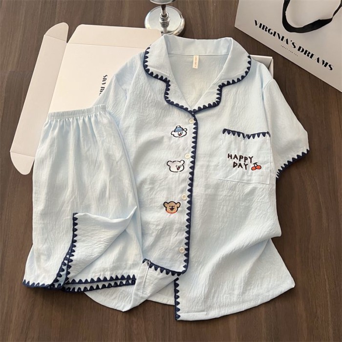 nguyên chất cotton hoạt hình thêu Bộ đồ ngủ cho nữ mùa hè mới quần short ngắn tay dễ thương m