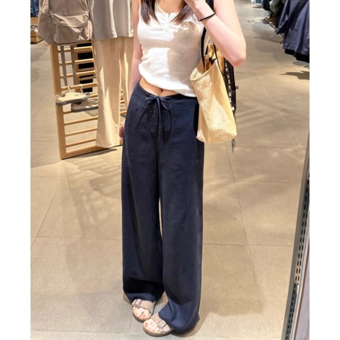 Quần vải lanh nữ, quần chống nắng lụa băng mỏng mùa hè, quần ống rộng cotton và vải lanh cỡ l