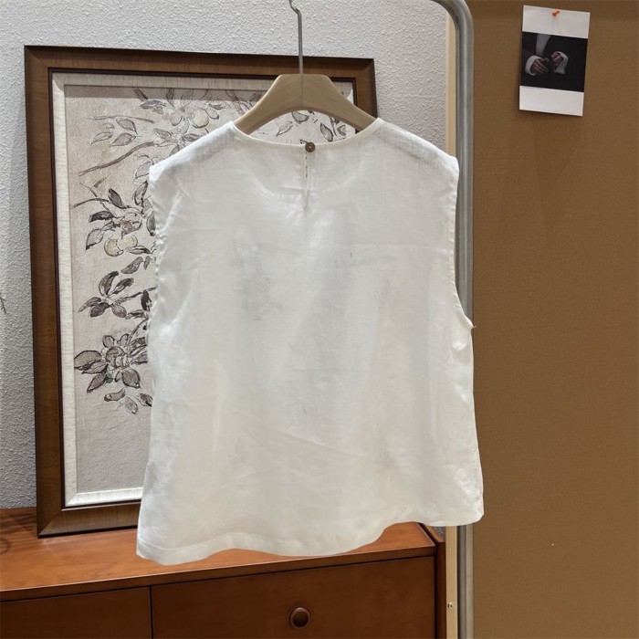 Áo sơ mi cotton và vải lanh thêu mùa hè Áo không tay mới dành cho nữ chất liệu vải lanh rộng