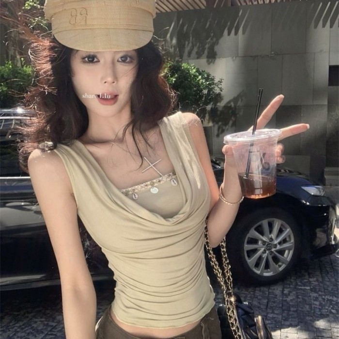 Cổ xoay thuần khiết dục vọng hottie Pháp cổ xoay cao cấp áo vest vai phải không tay Áo thun hàng đầ
