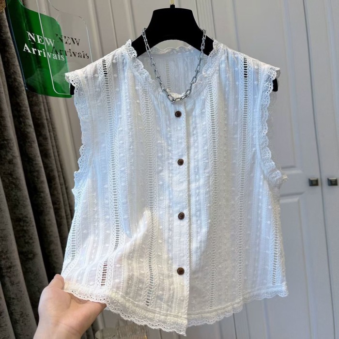 Áo Sơ Mi Nữ Mùa Hè Mới Tính Khí Pháp Plus Size Nữ Rỗng Áo Sơ Mi Ren Áo Không Tay Đa Năng