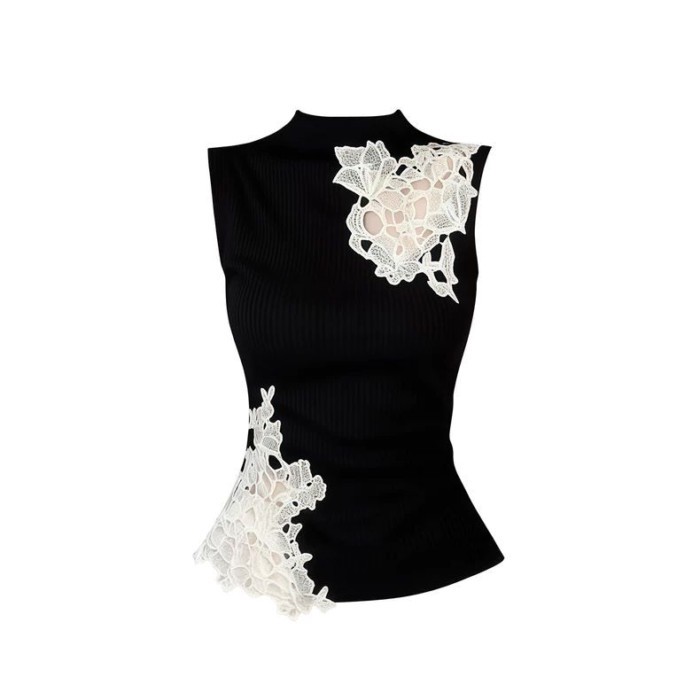 Phong cách Trung Hoa mới màu đen khâu ren áo vest nữ mùa xuân hè thiết kế bên trong giảm