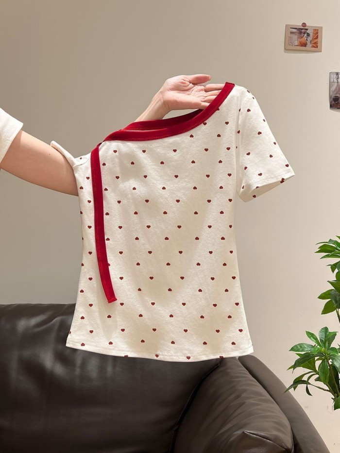 Korean Style Red Love Polka Dot Oblique Shoulder Off-shoulder Short-sleeved T-shirt For Women