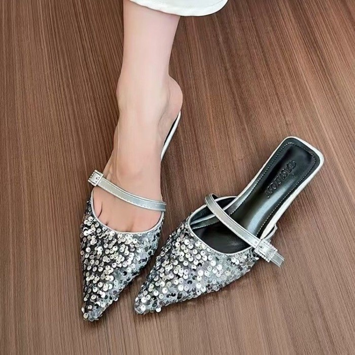 Dép xỏ ngón Baotou dành cho nữ mặc ngoài mùa hè sequin mũi nhọn Mule giày nữ sandal và dép có khóa