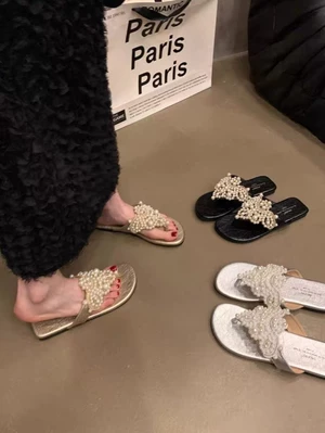 Dép xỏ ngón phong cách nàng tiên ngọc trai mùa hè Pháp phong cách retro bohemian Giày nữ La Mã