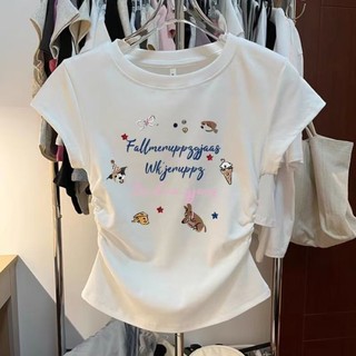 Quần áo trẻ em cỡ vừa và lớn in hình xếp li mỏng cổ tròn ngắn tay có vai phải cho mùa hè sửa chữa q