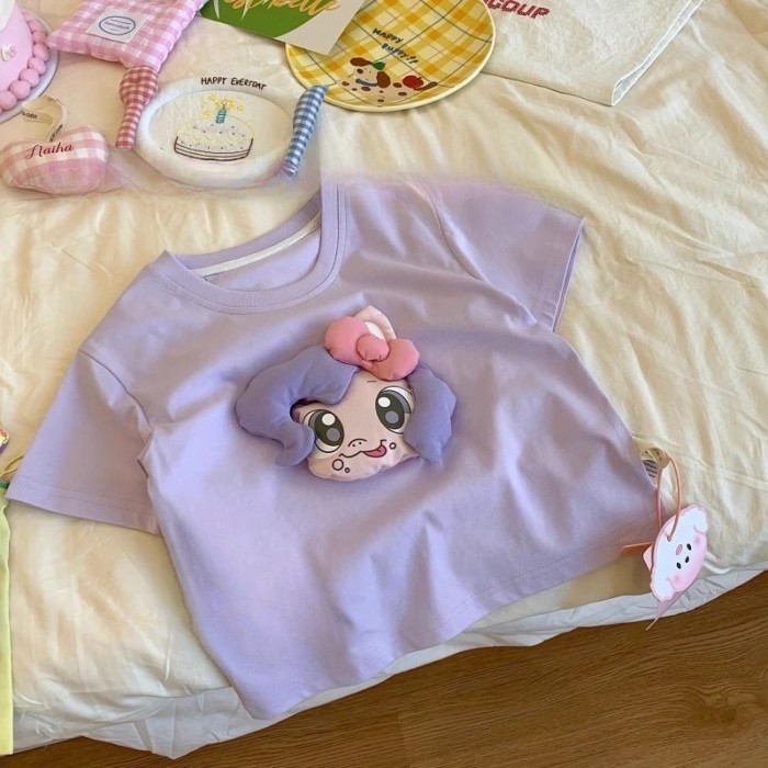 Áo thun dễ thương bé trai bé gái, họa tiết nổi hoạt hình mới, thiết kế búp bê 3D ngắn tay
