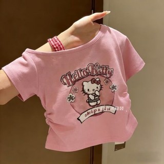 Áo thun ngắn tay lệch vai in hình mèo KT dễ thương mùa hè dành cho trẻ em và trẻ trung niên áo xếp