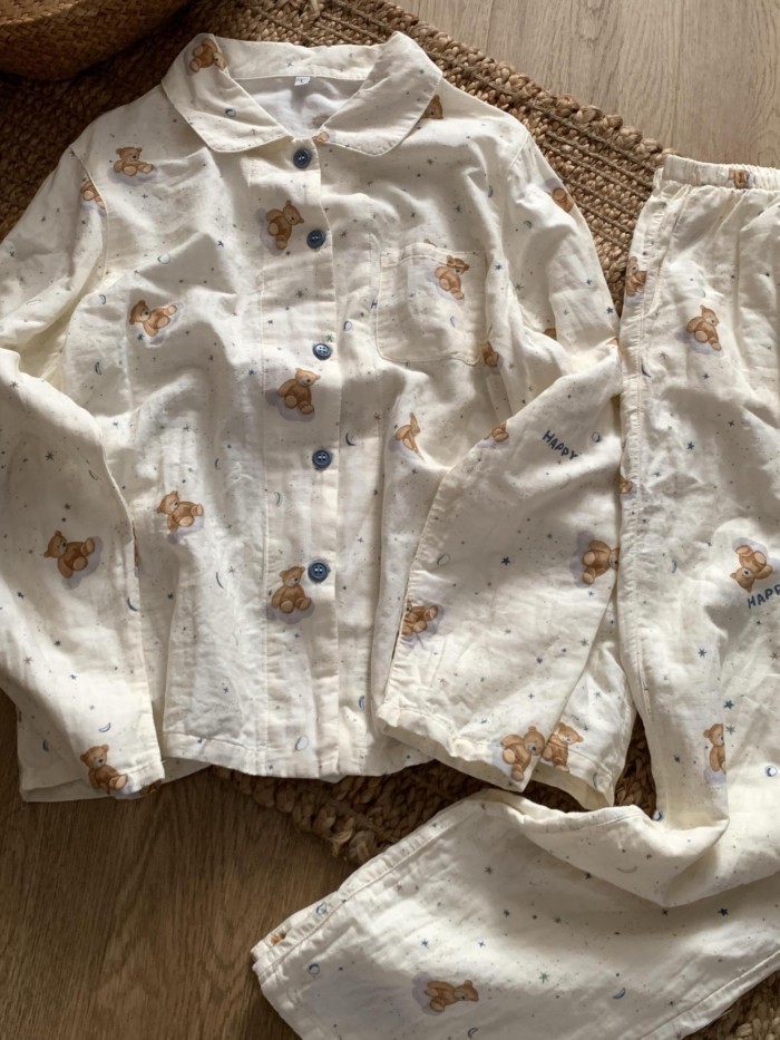 Bộ đồ ngủ in hình gấu hoạt hình dài tay cotton thoải mái mặc ở nhà Bộ áo khoác ngoài