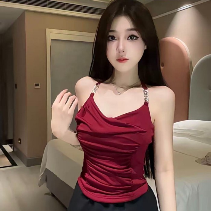 Chain Camisole With Breast Pad Design, Beautiful Back, Hot Girl Slimming, New Pleated Pure Lu