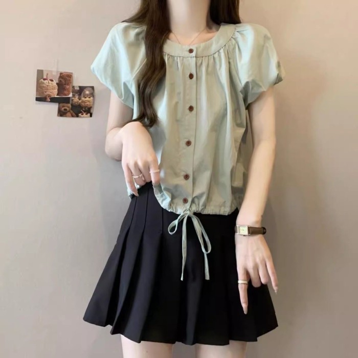 Áo Sơ Mi Tay Phồng Ngọt Ngào Hàn Quốc Cho Nữ Mùa Hè Áo Sơ Mi Ngắn Tay Dây Kéo Nhỏ Tươi Ngắn Màu
