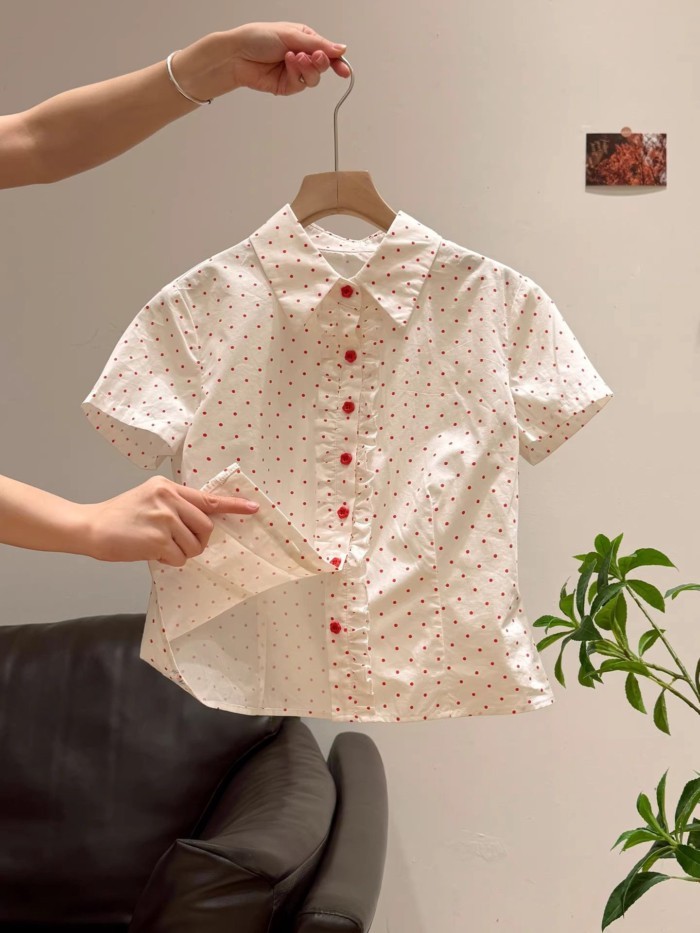 Đỏ Chấm Bi PoIo Cổ Vai Phải Tay Ngắn Eo Áo Sơ Mi Nữ Nấm Bên Kẹp Eo Giảm Béo Ve Áo hàng Đầu