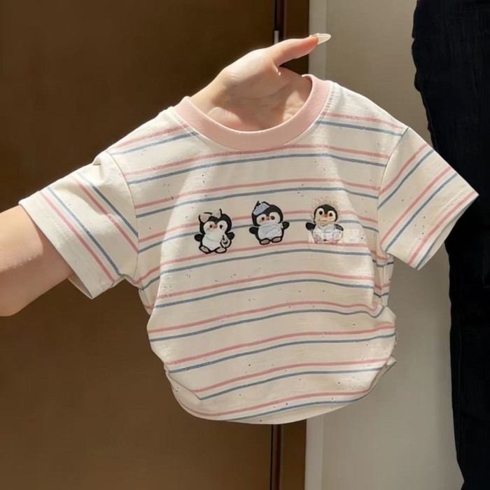 Girls Summer Clothes New Cartoon Striped Short-sleeved T-shirt Children's Baby Cute Penguin P