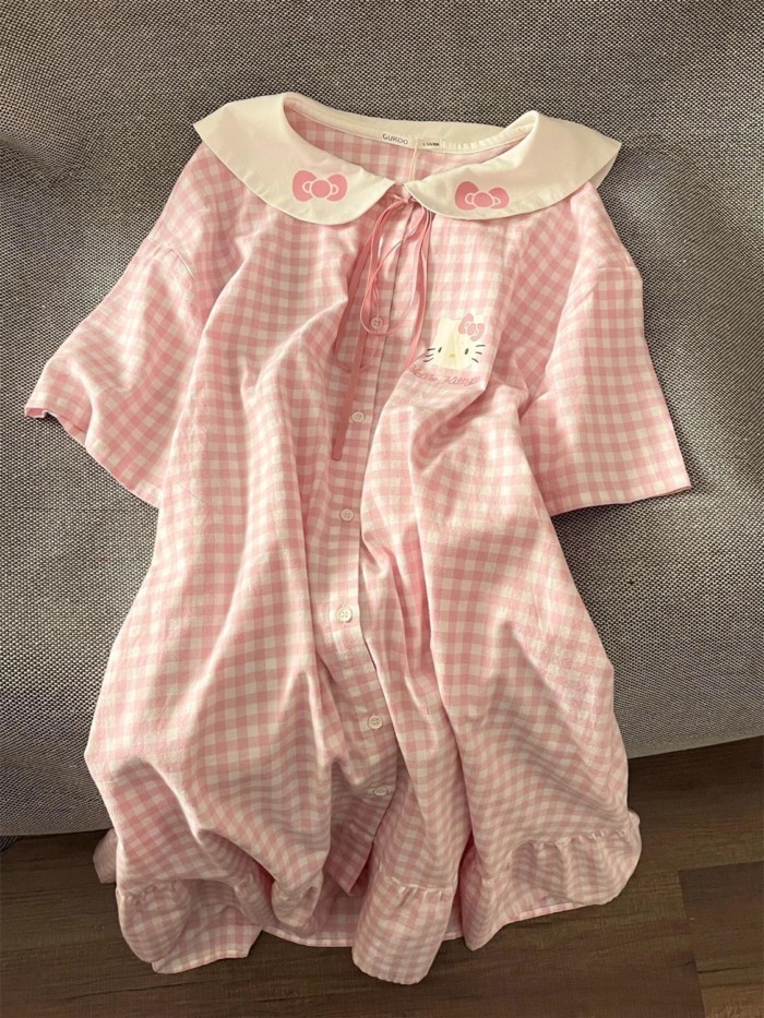 Bộ đồ ngủ mèo KT dễ thương và ngọt ngào, váy ngủ ngắn tay cổ búp bê kiểu mới mùa hè dành cho nữ, vá