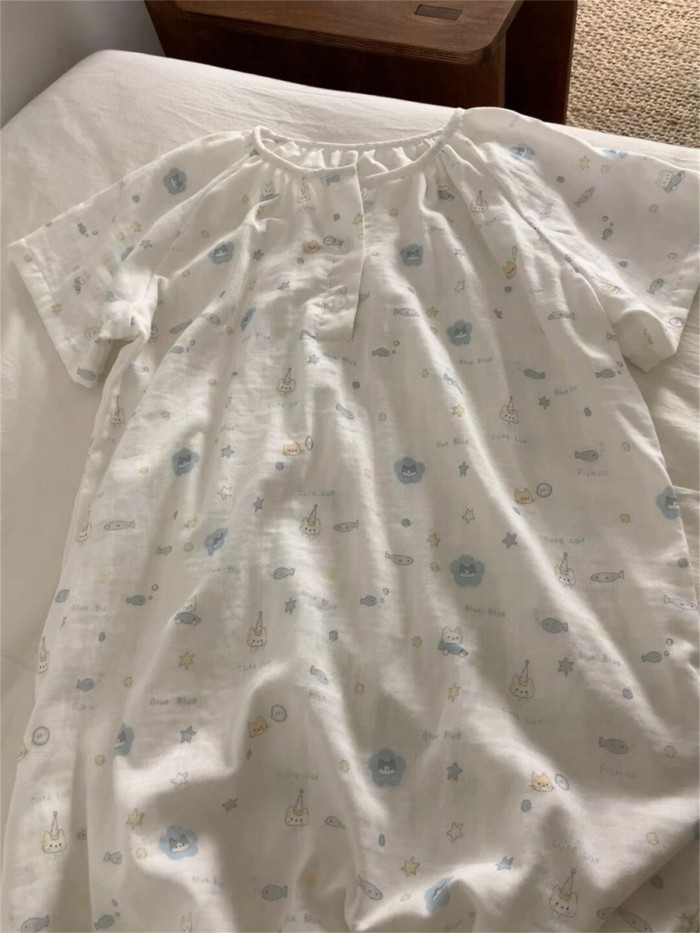Cloud cotton gạc bộ đồ ngủ bong bóng cá nhỏ dễ thương dành cho nữ mùa hè mỏng tay ngắn dài vừ