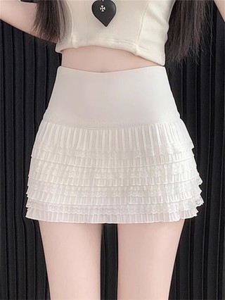 Váy ren trắng ngọt ngào kiểu Hàn Quốc mới eo cao xếp ly váy giảm béo đa năng mùa hè