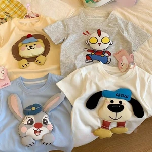 Áo thun dễ thương bé trai bé gái, họa tiết nổi hoạt hình mới, thiết kế búp bê 3D ngắn tay
