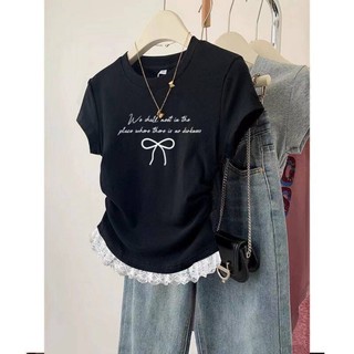 Áo thun thời trang bé gái thiết kế ngắn tay thích hợp ren bé gái thời trang thường ngày
