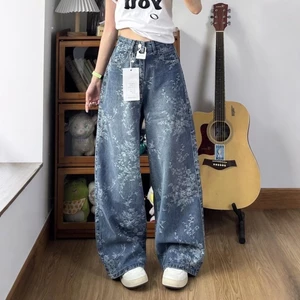 Quần Jean Ống Rộng Họa Tiết Hoa Cho Nữ Quần Jean Lưng Cao Giảm Béo Quần Thêu Đa Năng