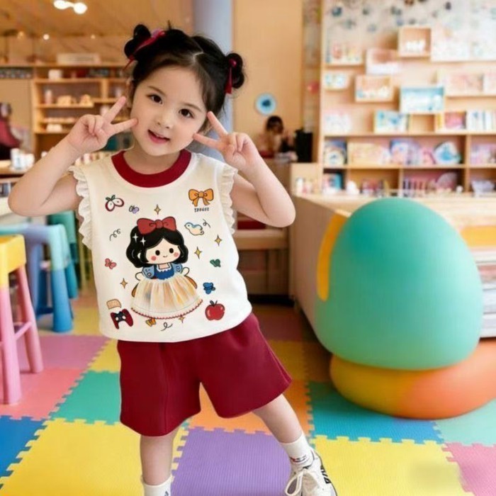 Áo thun trẻ em in hình công chúa Bạch Tuyết dễ thương Áo lưới ba chiều bay tay áo chặn màu cho b