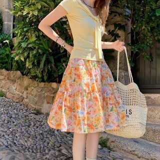 Orange Soda Mùa hè Váy midi hoa cam Váy xòe hoa Phiên bản chữ A Trang phục ngọt ngào và vui tươi