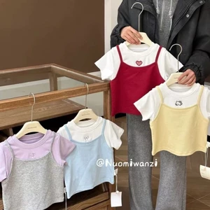 Áo thun cotton nguyên chất giả hai mảnh cho bé gái áo ngắn tay màu tương phản