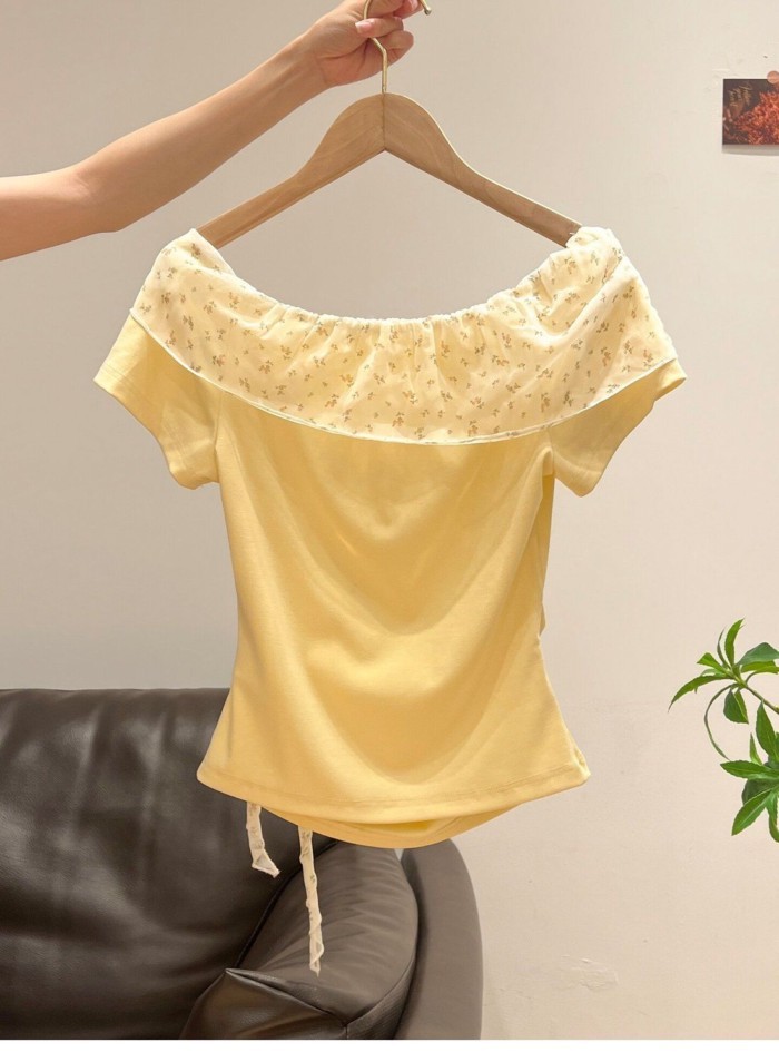 Áo thun ngắn tay trễ vai phối ren hoa cho nữ giảm béo xuân hè