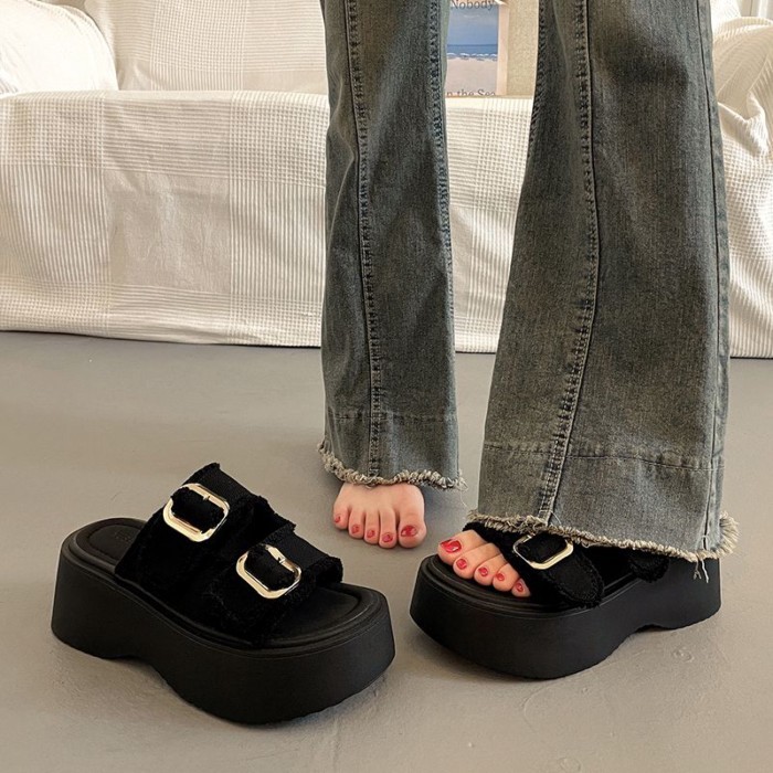 mẫu dép denim tăng chiều cao đa năng mới, dép Roman thể thao, sandal đế dày châu Âu dành cho nữ