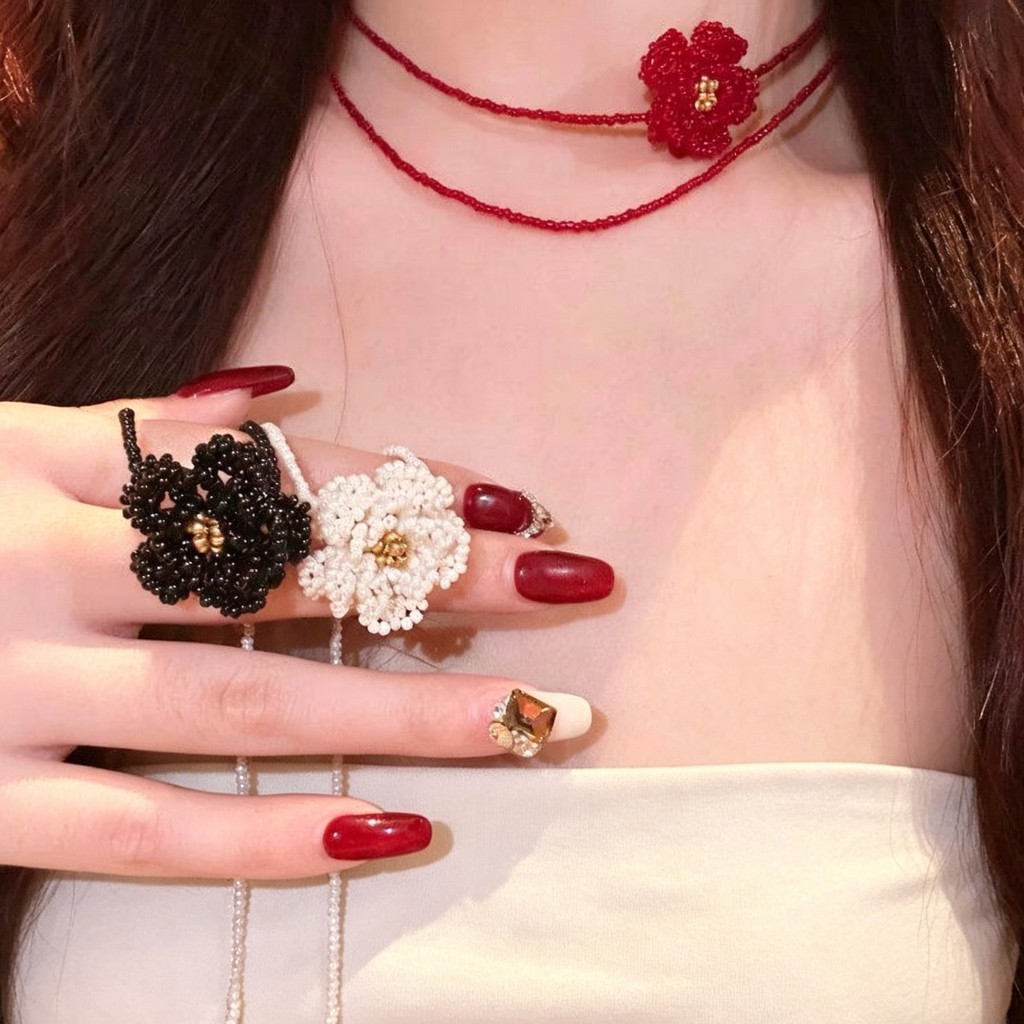 Vòng cổ hoa trà đính cườm tay đỏ dành cho nữ