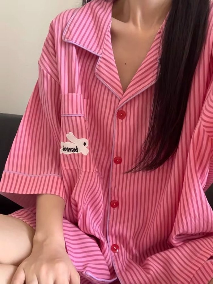 Korean Cartoon Striped Pajamas For Women Summer New Sweet Loose Short-sleeved Shorts Summer H