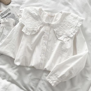 Cotton Nguyên Chất Cho Bé Búp Bê Cổ Áo Sơ Mi Nữ Đáy Áo Sơ Mi Dài Tay Màu Trắng Top