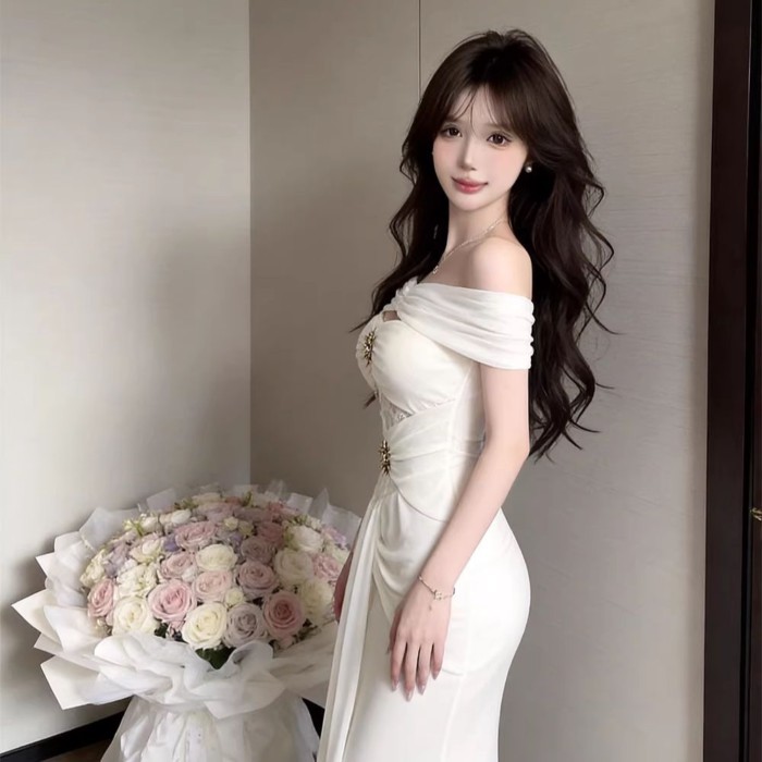Unique And Beautiful Solid Color One-shoulder Dress For Women Summer High-end Sexy Birthday F